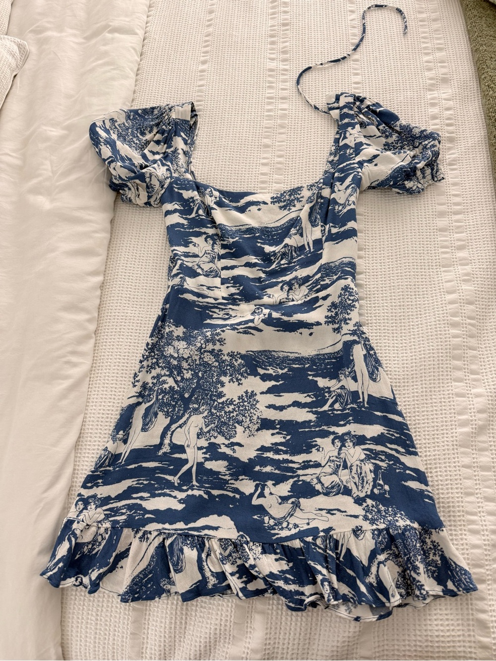 Reformation Blue & White Scenic Puff-Sleeve Mini Dress